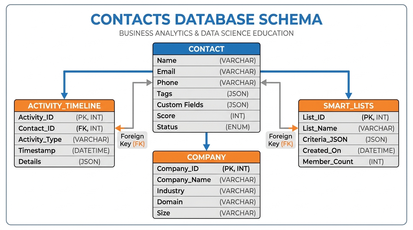Contacts database schema showing the central Contact record connected to Activity Timeline, Company record, Smart Lists, and Custom Fields