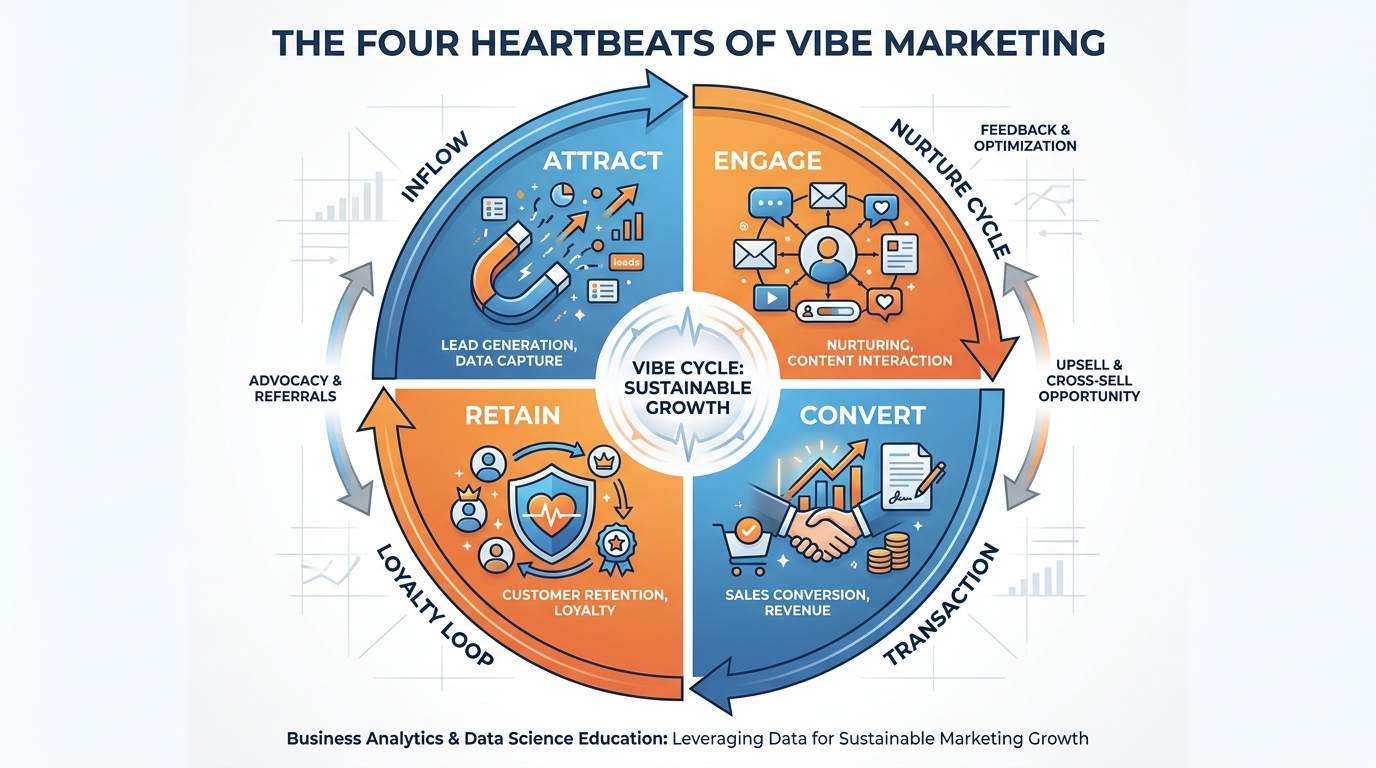 Circular diagram showing the four heartbeats of Vibe Marketing: Attract, Engage, Convert, Retain flowing in a continuous cycle