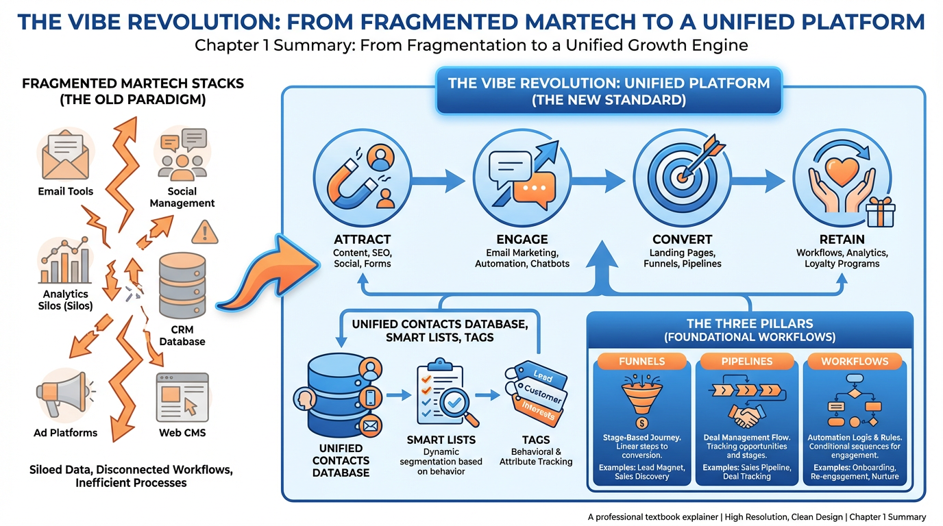 Chapter 1 overview infographic showing the evolution from fragmented martech stacks to a unified Vibe Marketing platform with Attract, Engage, Convert, Retain cycles, Smart Lists, Contacts, Tags, and Three Pillars