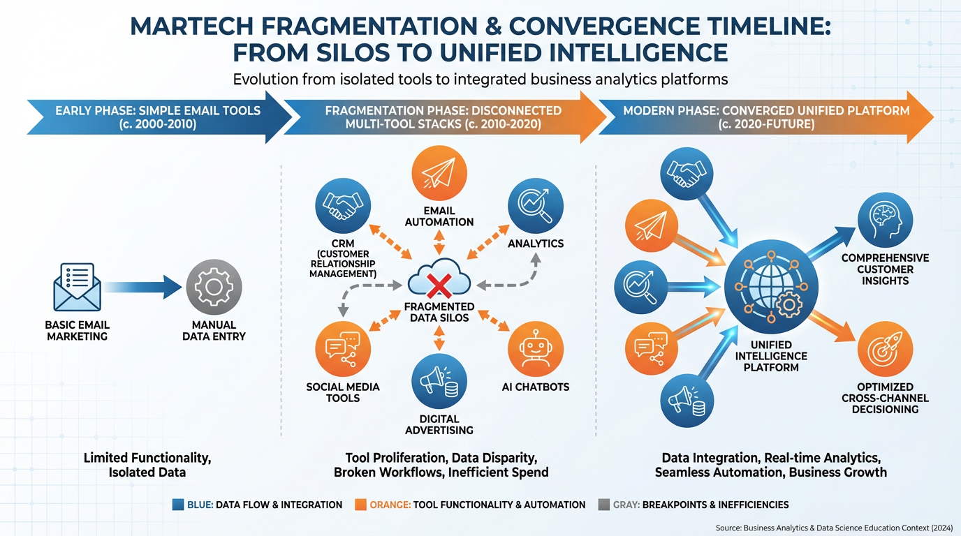 Timeline showing the evolution of marketing technology from simple email tools to complex disconnected multi-tool stacks