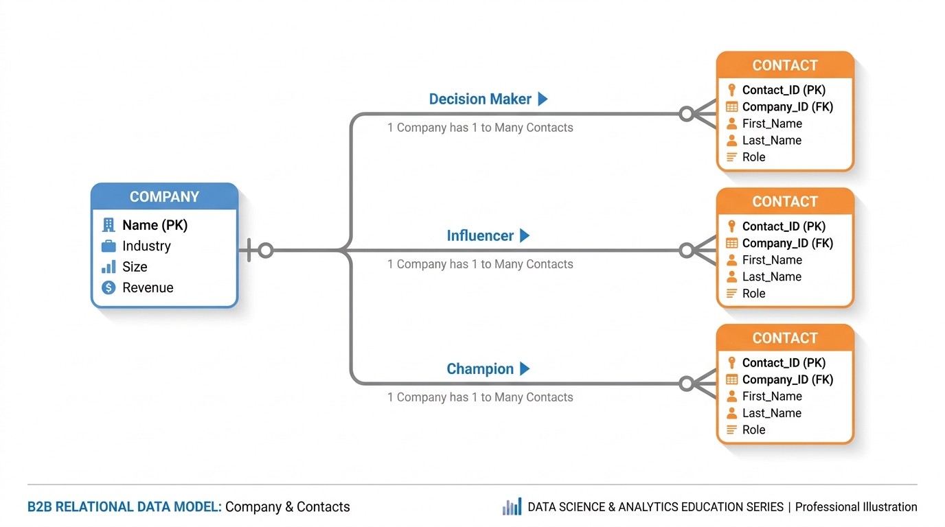 B2B relational data model showing Company object connected to multiple Contact records with role-labeled association lines