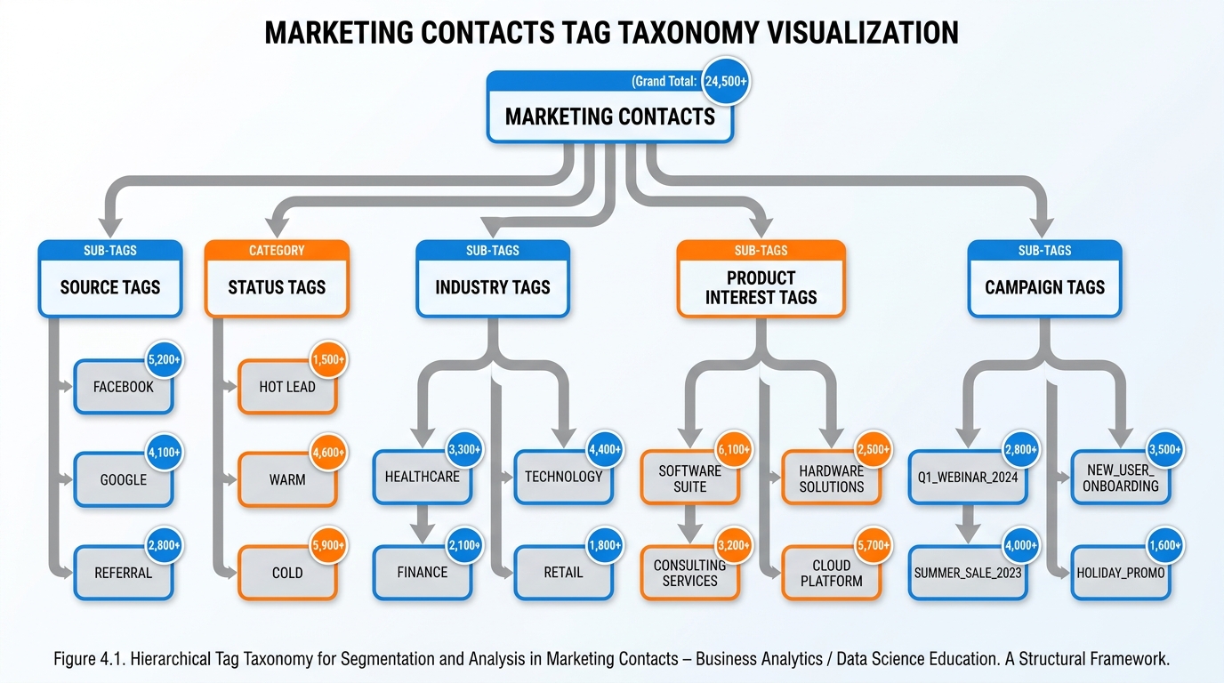 Tag taxonomy visualization showing hierarchical categories including Source tags, Status tags, Industry tags, Product Interest tags, and Campaign tags