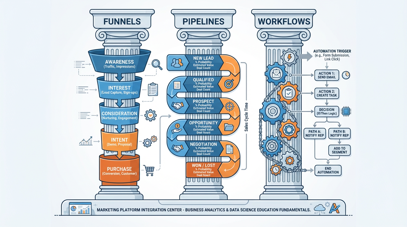 Three architectural pillars representing Funnels, Pipelines, and Workflows in a marketing platform