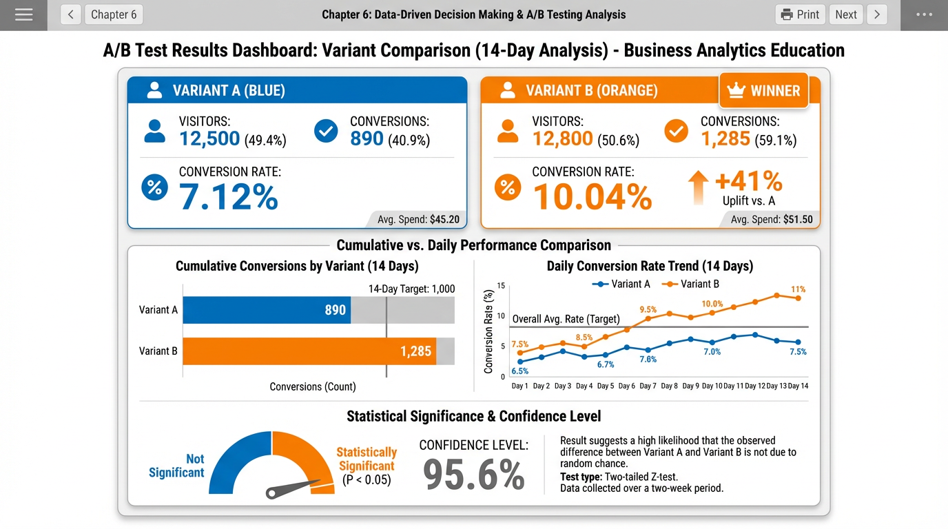 A/B test results dashboard comparing Variant A and Variant B over 14 days, showing visitor counts, conversion rates, statistical confidence levels, and a winner badge