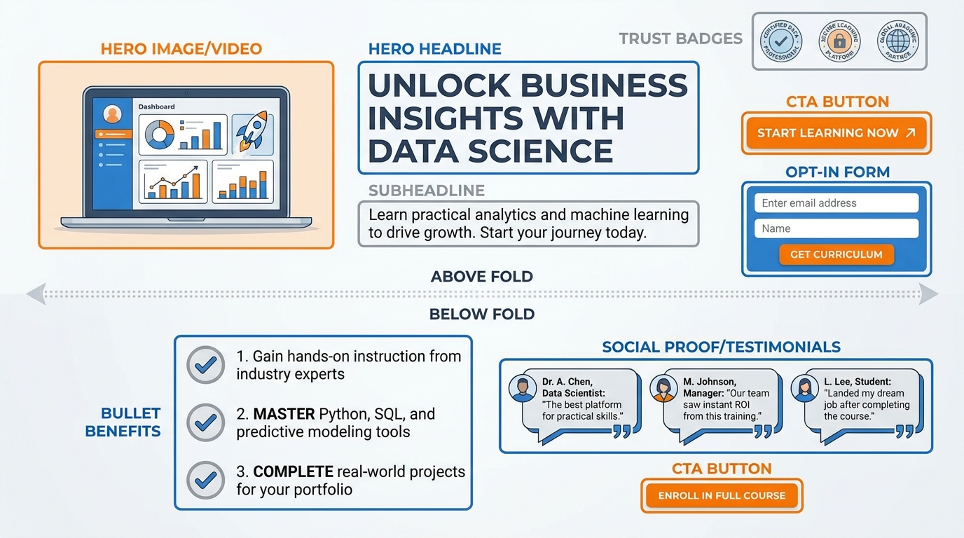 Labeled diagram of a high-converting landing page showing hero section, subheadline, bullet benefits, CTA button, form, and trust elements above and below the fold