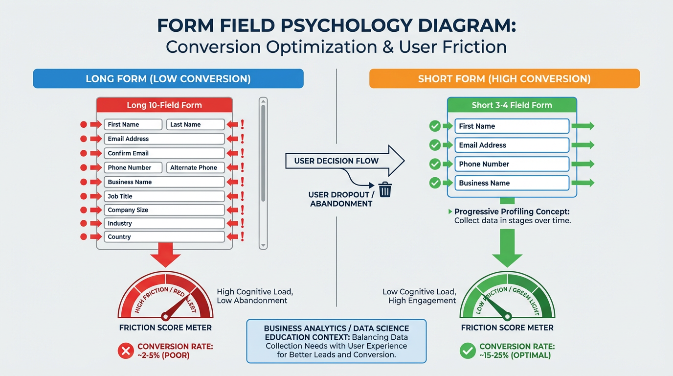 Diagram comparing a 10-field low-conversion form versus a 4-field high-conversion form, with friction score indicators and progressive profiling concept illustrated