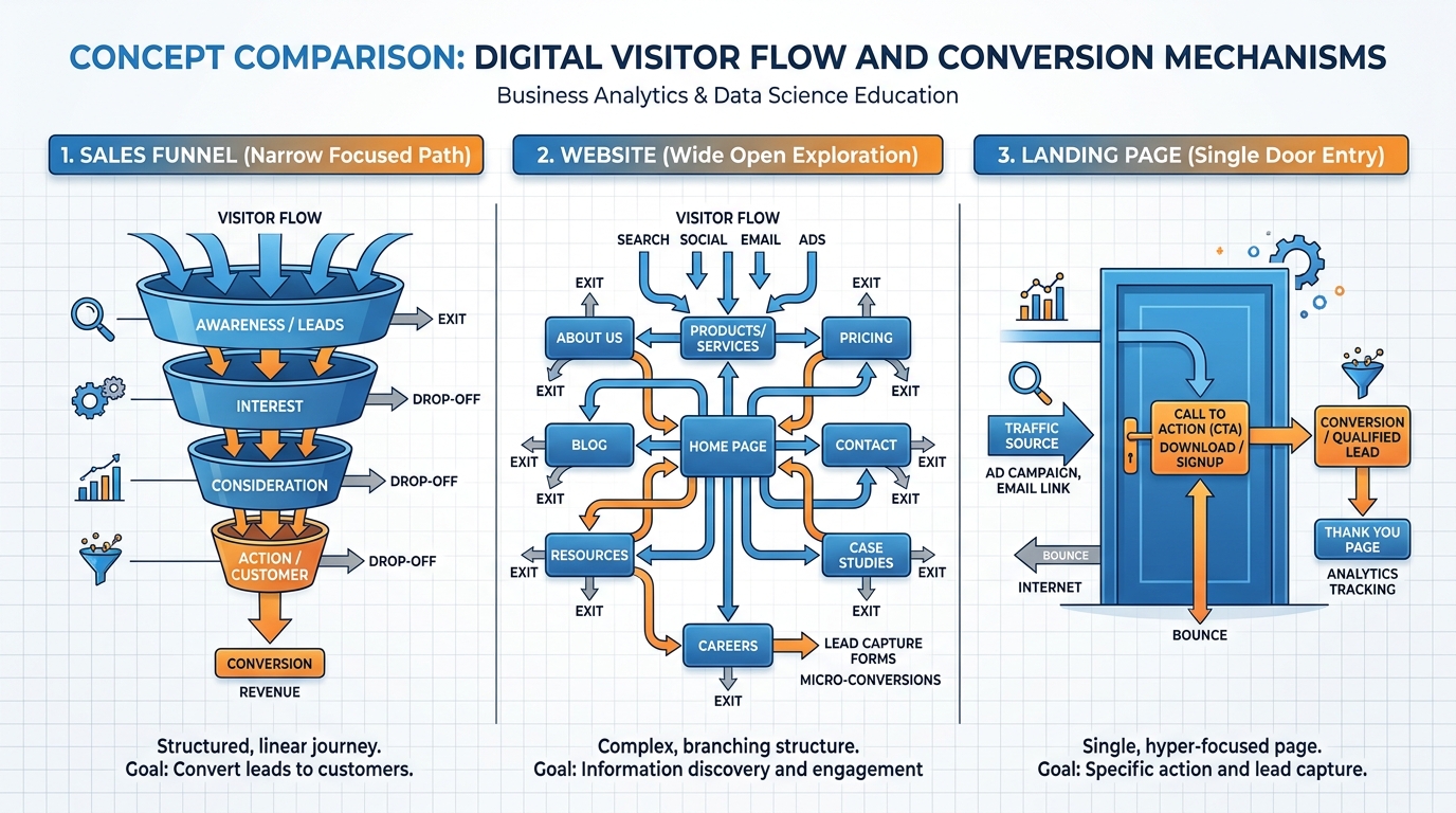 Side-by-side comparison of a sales funnel (single path), a website (multi-directional exploration), and a standalone landing page (single entry, single action)