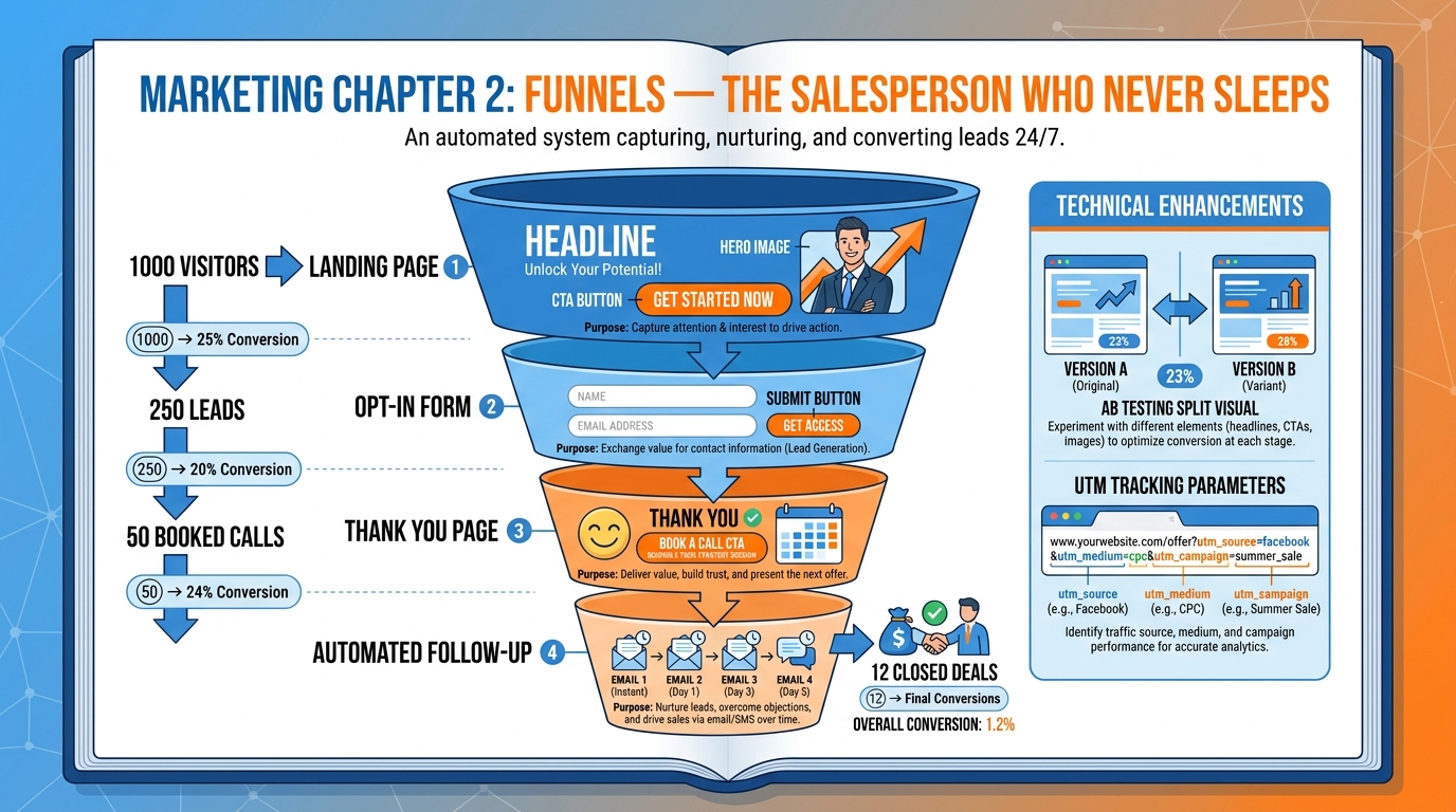 Chapter 2 infographic showing a sales funnel with four stages — Landing Page, Opt-In Form, Thank You Page, and Automated Follow-Up — with conversion rate annotations and A/B testing visuals