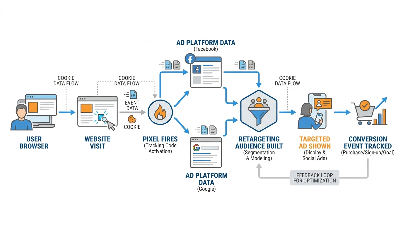 Pixel tracking flow diagram showing user browser visit triggering pixel fire, data flowing to ad platforms, retargeting audiences being built, and conversion events being tracked back through the system