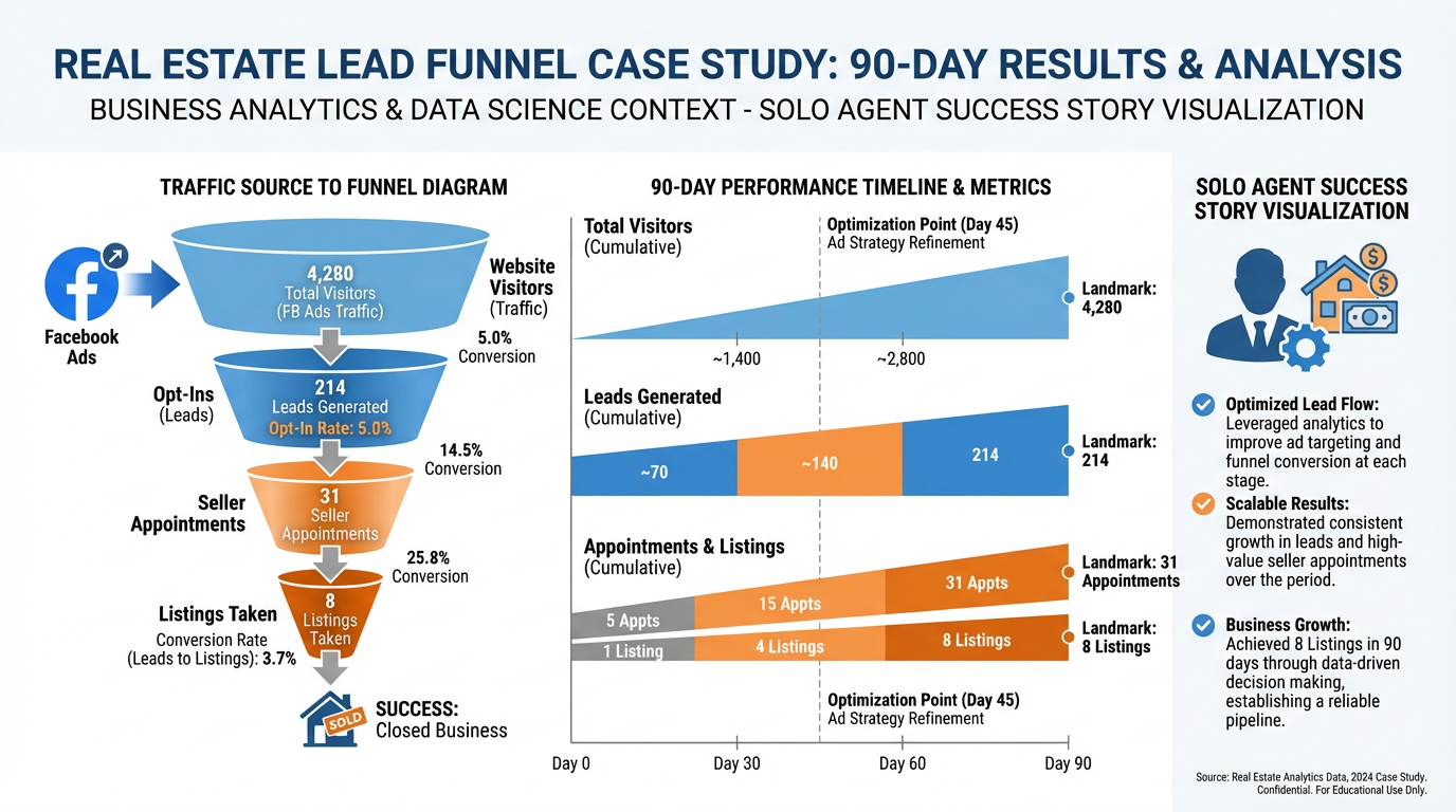 Case study results dashboard showing 4,280 total visitors, 5.0% opt-in rate, 214 leads generated, 31 seller appointments, and 8 listings taken over 90 days, with funnel conversion percentages