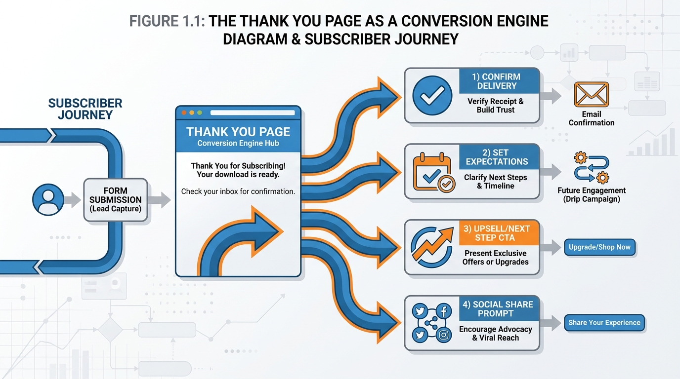 Diagram showing a thank-you page as a conversion hub with four outgoing pathways: delivery confirmation, expectation setting, upsell/next step CTA, and social sharing prompt
