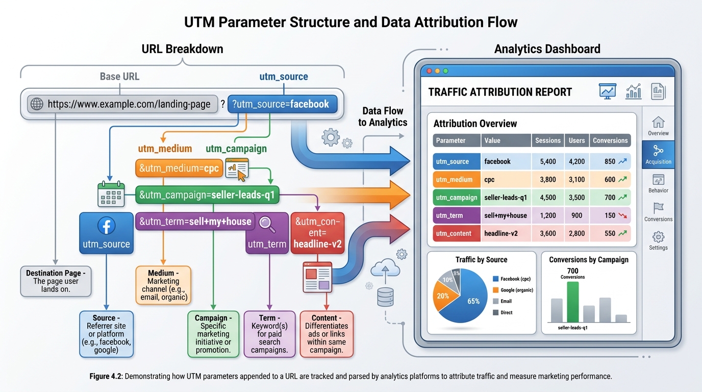 Diagram showing a URL broken into color-coded UTM parameters including source, medium, campaign, term, and content, with arrows showing how the data flows into an analytics dashboard