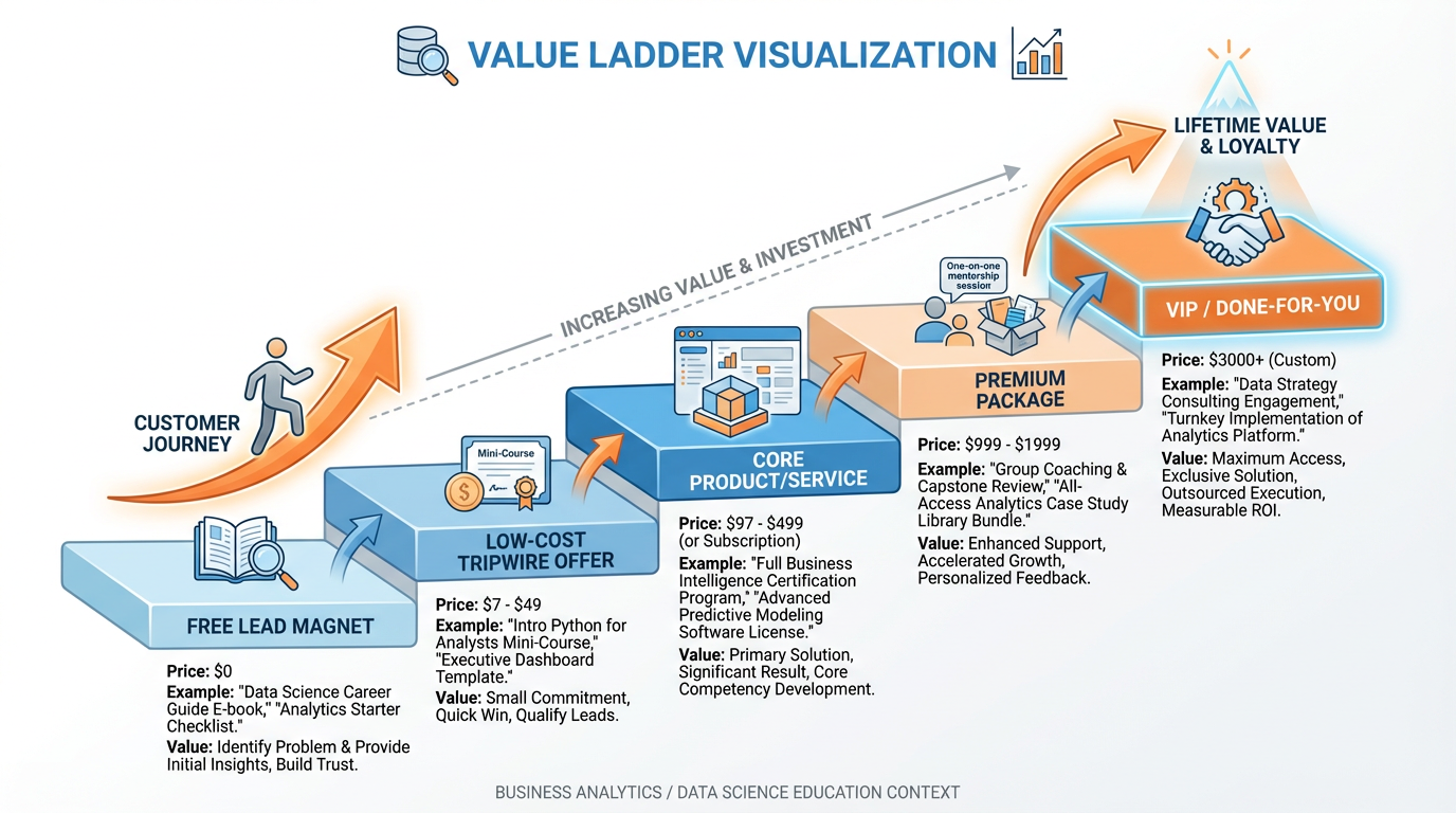Ascending staircase value ladder diagram showing five levels from free lead magnet at the bottom to VIP done-for-you service at the top, with price points and value descriptions at each step