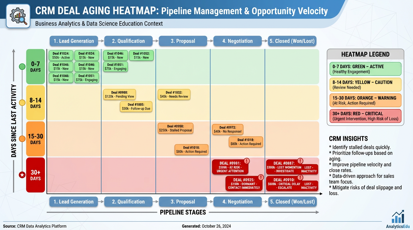 Deal aging heatmap showing opportunities mapped by pipeline stage and days since last activity, color-coded from green to red