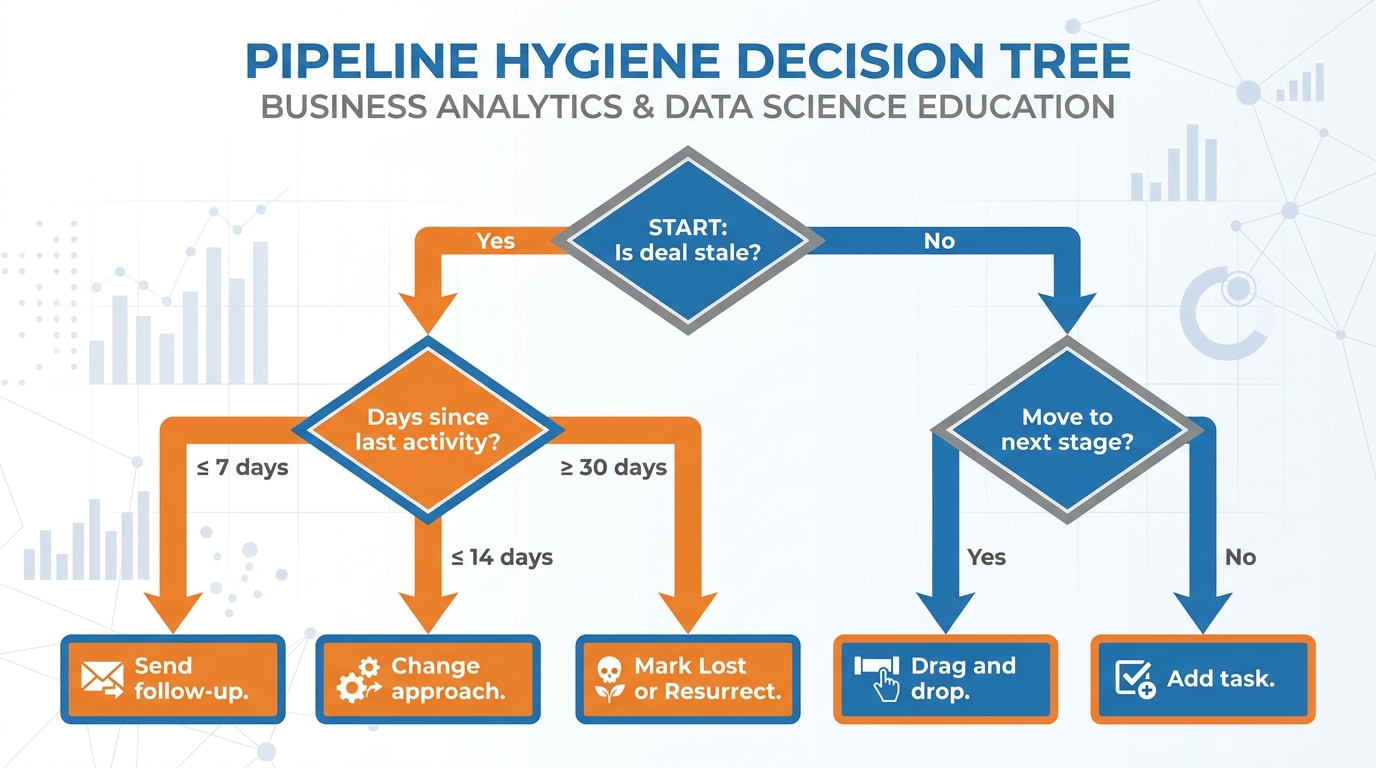 Decision tree flowchart for pipeline hygiene showing when to move, follow up, mark lost, or attempt resurrection