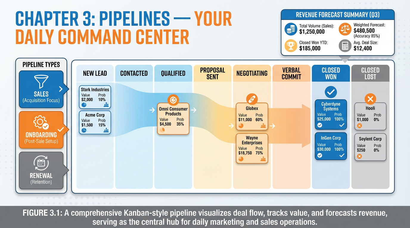 Comprehensive infographic showing a Kanban-style CRM pipeline board with 8 stages, opportunity cards, revenue forecast panel, and three pipeline types
