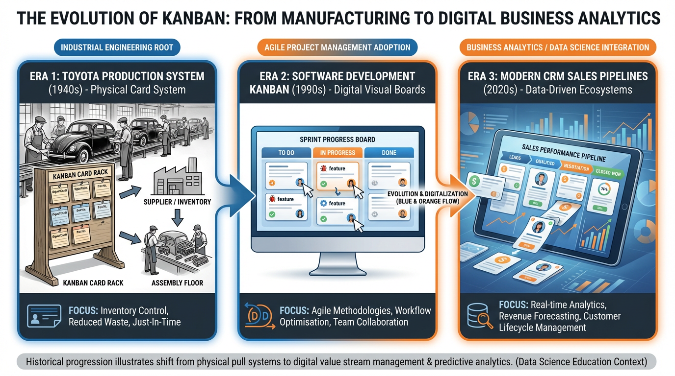 Timeline showing Kanban evolution from Toyota production floor 1948 to software development 1980s to modern CRM pipeline boards