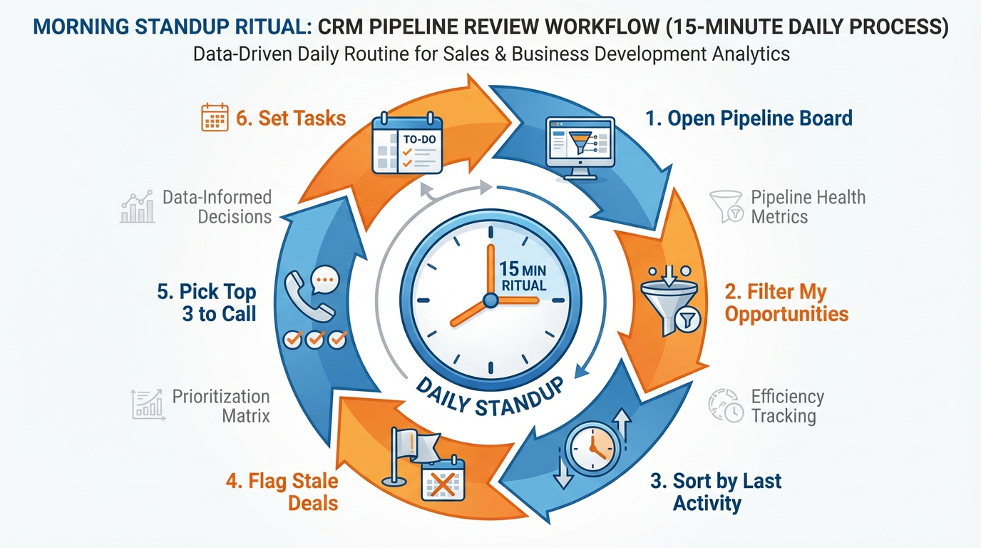 Circular workflow diagram showing the 6-step morning pipeline standup ritual with time allocations