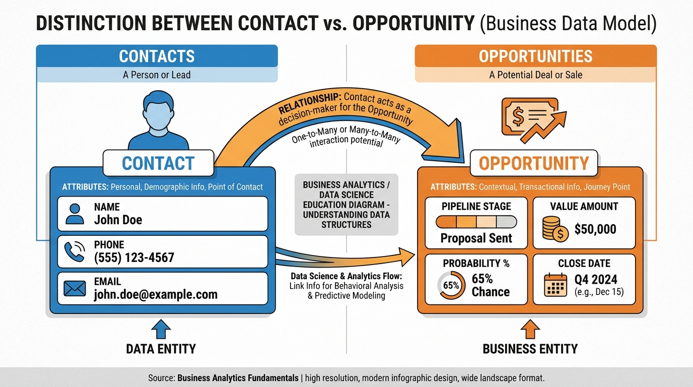 Diagram showing the distinction between a Contact record and an Opportunity card in CRM, with relationship arrows