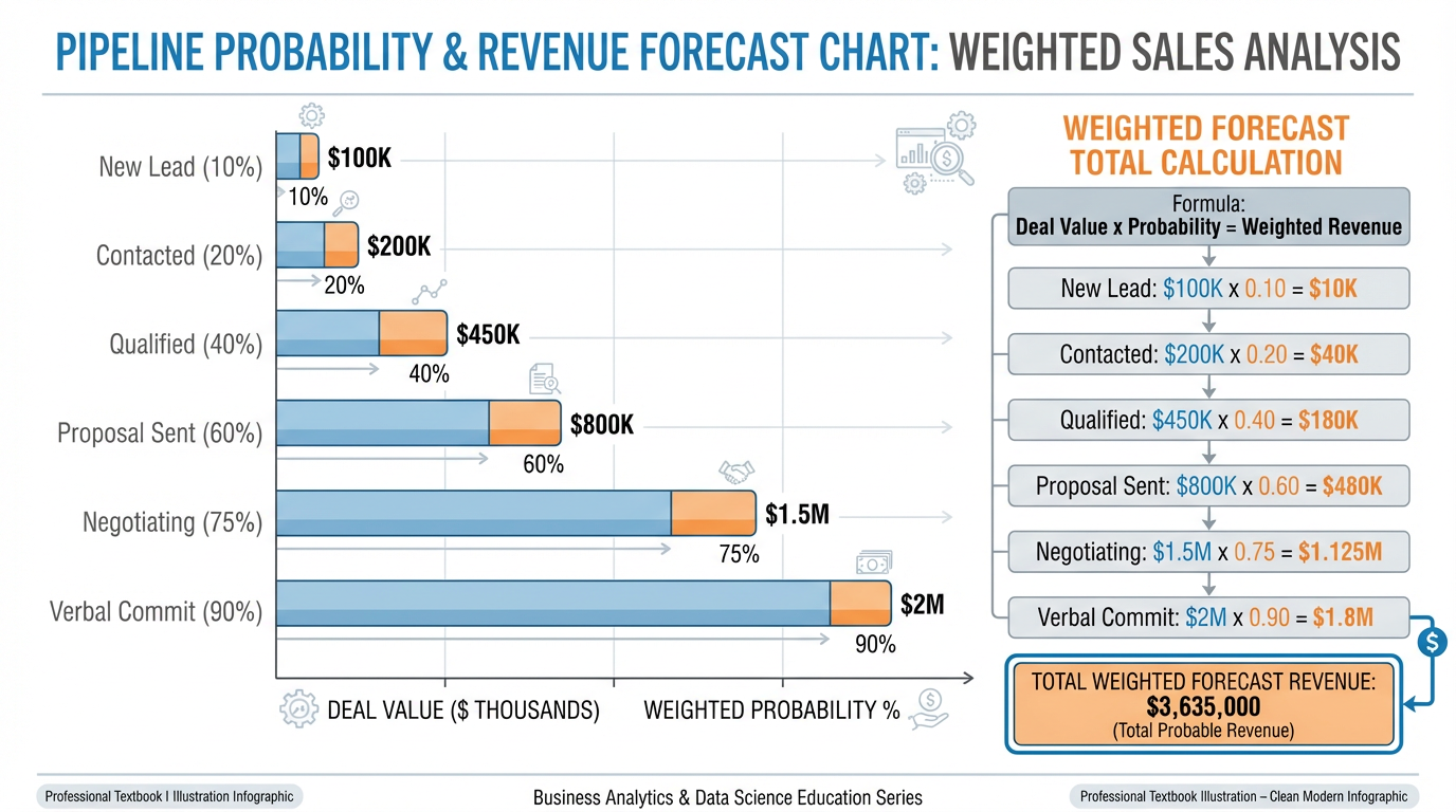 Revenue forecast chart showing deal values weighted by win probability at each pipeline stage, with a total forecast calculation