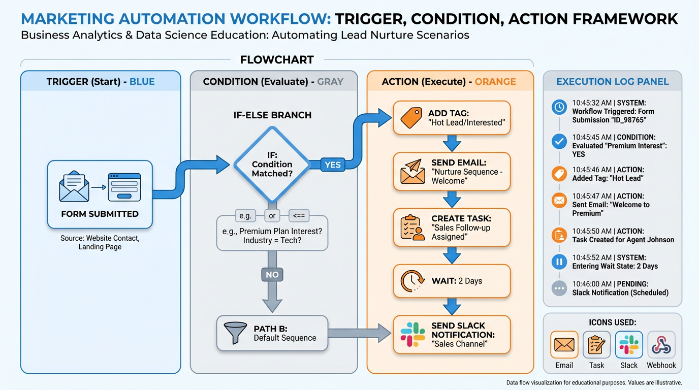 Chapter 4 comprehensive infographic showing the Trigger-Condition-Action automation framework and a New Lead Welcome Sequence flowchart with execution log panel