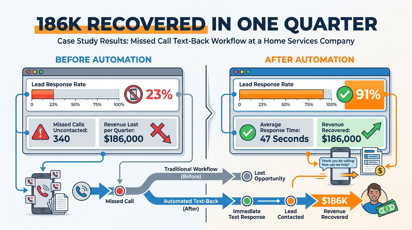 Case study results chart showing before and after metrics for the missed call text-back workflow at a home services company