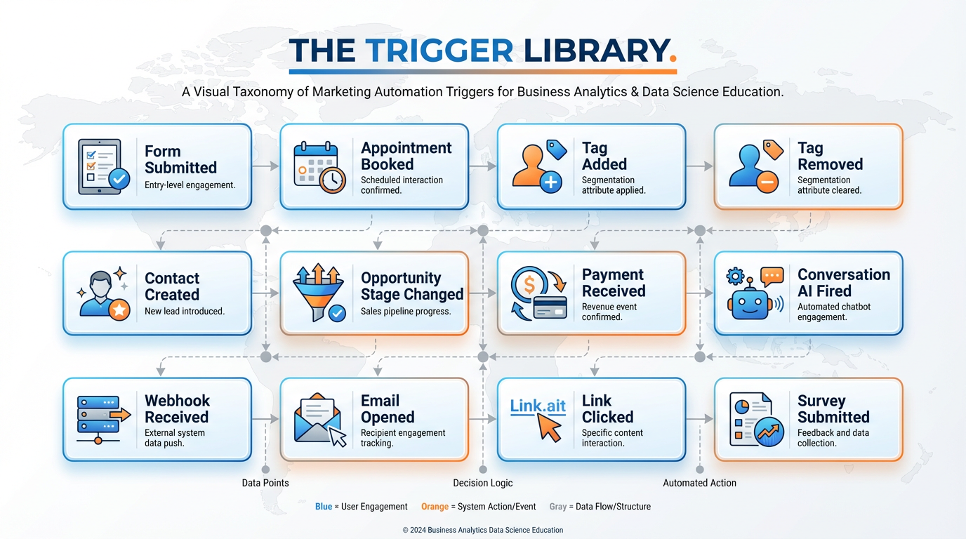 Visual taxonomy of all workflow triggers organized by category — contact-based, behavioral, transactional, and system-level