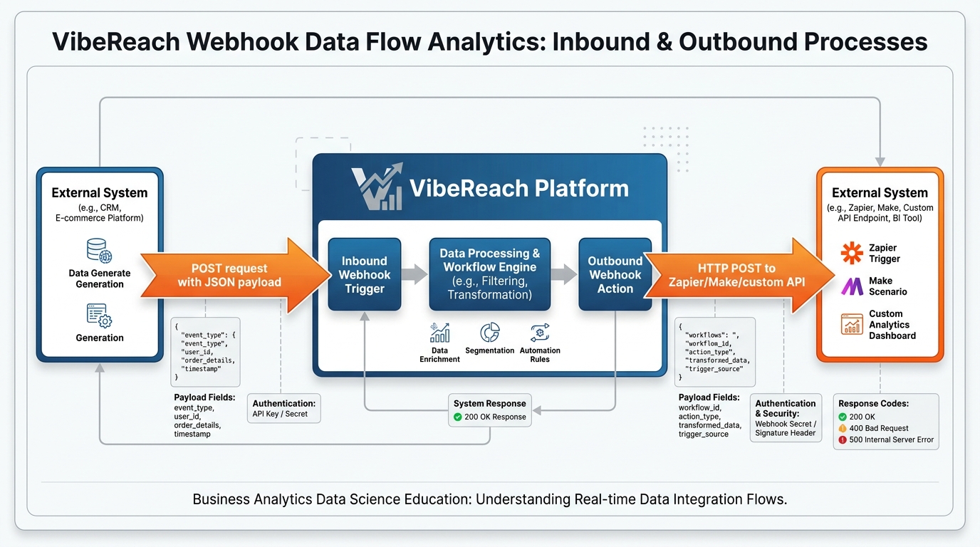 Webhook flow diagram showing inbound POST requests from external systems and outbound HTTP POST actions to external APIs