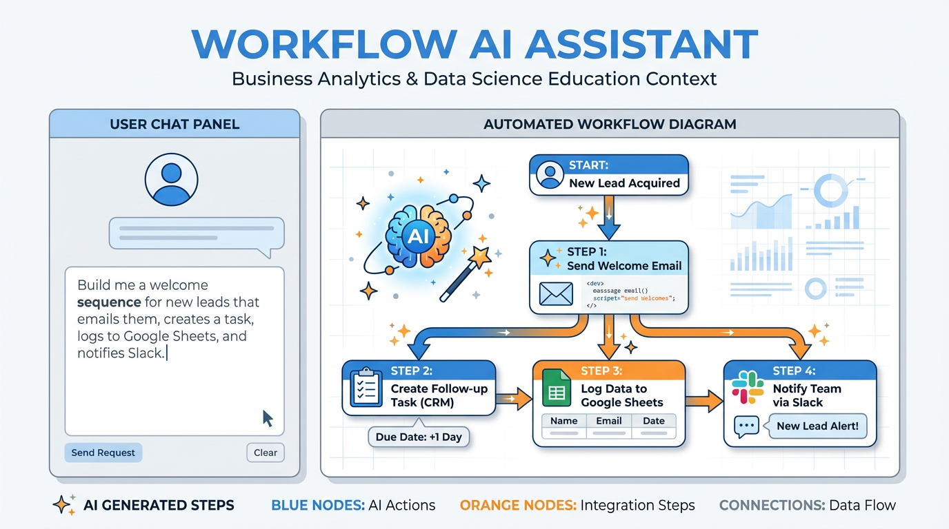 AI Workflow Assistant interface showing a chat prompt on the left and the automatically generated workflow diagram on the right