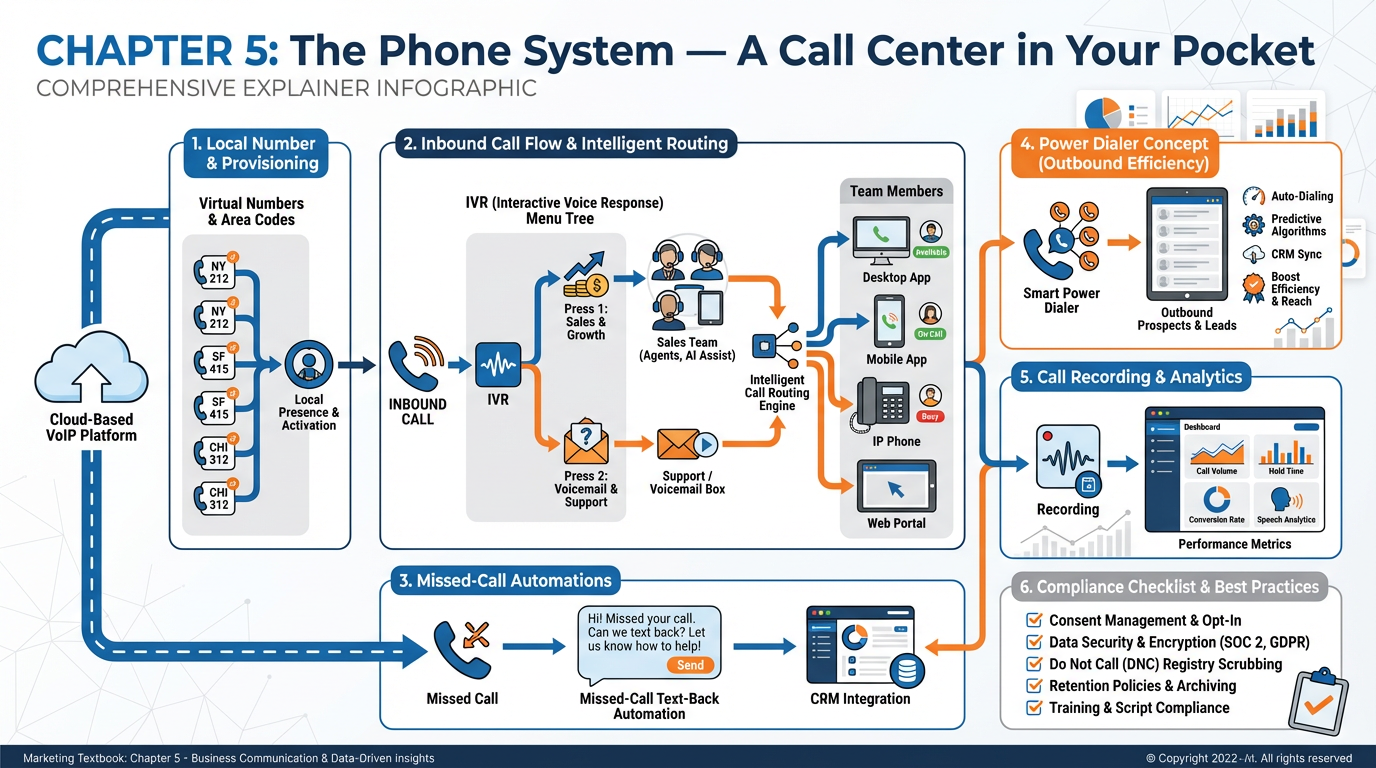 Comprehensive infographic of Chapter 5 covering VoIP architecture, IVR menu tree, call routing, power dialer, missed-call text-back, and TCPA compliance