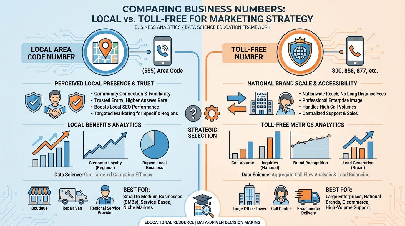 Comparison of local phone numbers versus toll-free numbers showing use cases, answer rates, and brand implications