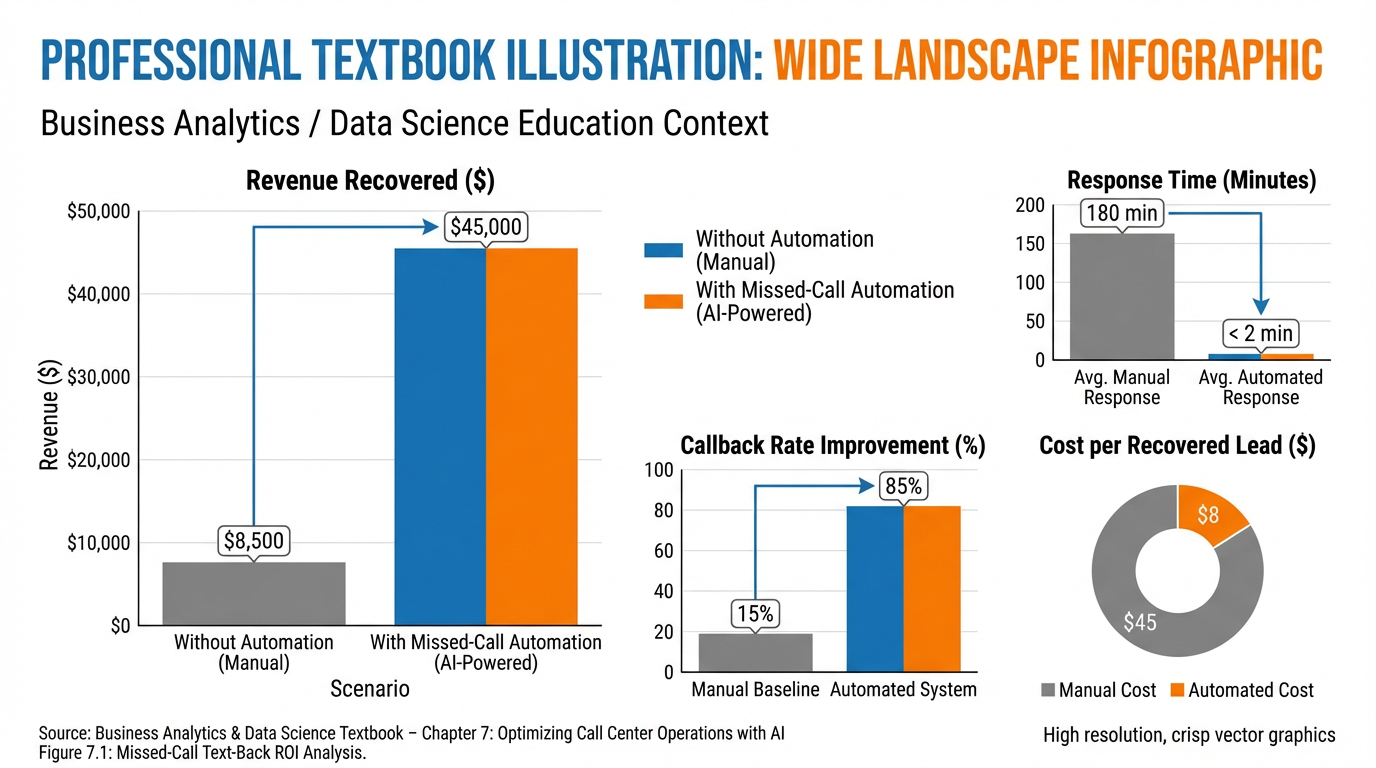 Missed-call text-back ROI chart comparing revenue recovered with and without automation, callback rates, and cost per recovered lead