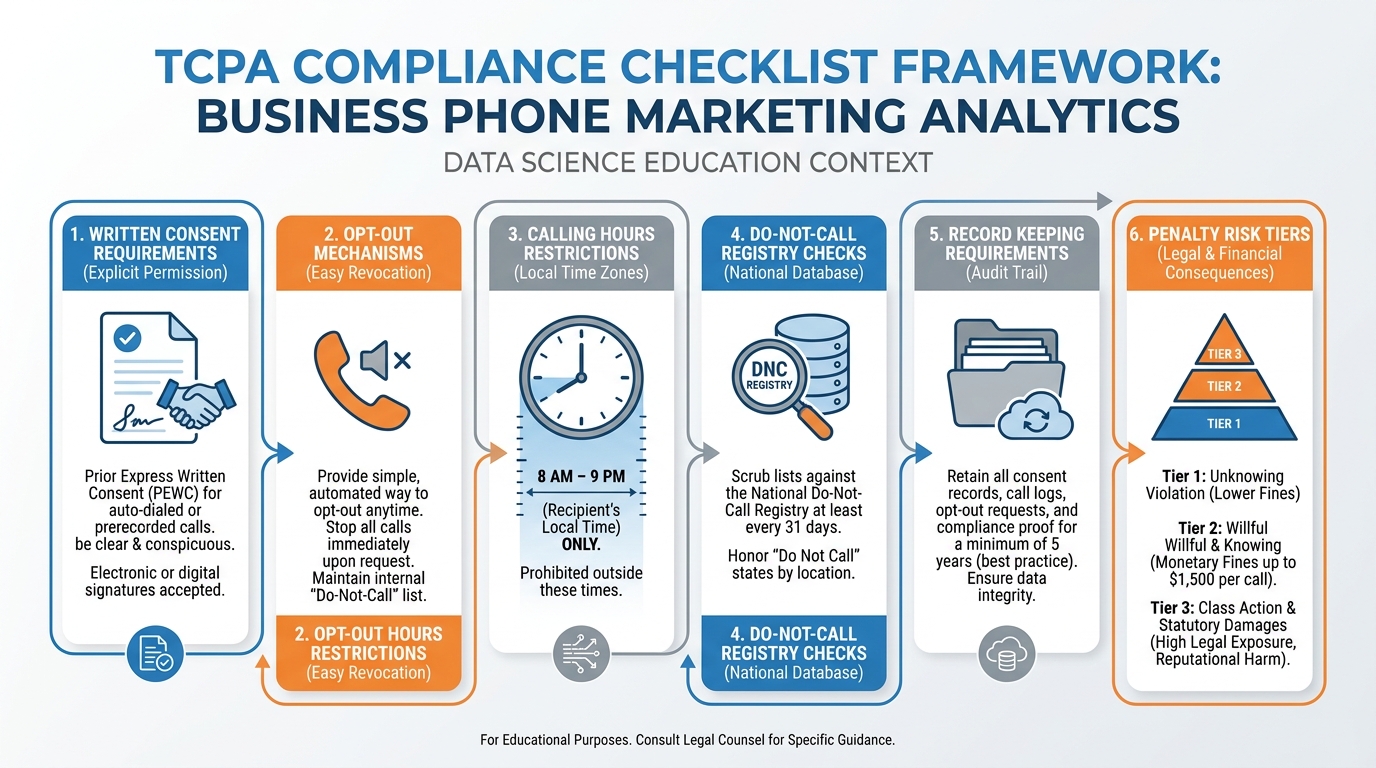 TCPA compliance checklist showing written consent requirements, calling hours, do-not-call registry, opt-out mechanisms, and record keeping