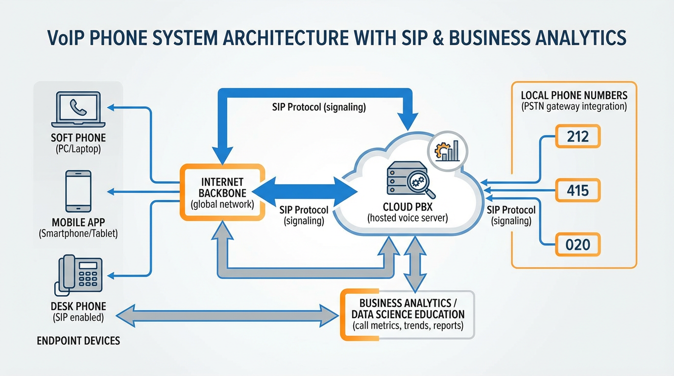 VoIP architecture diagram showing SIP protocol, cloud PBX, internet backbone, and endpoint devices