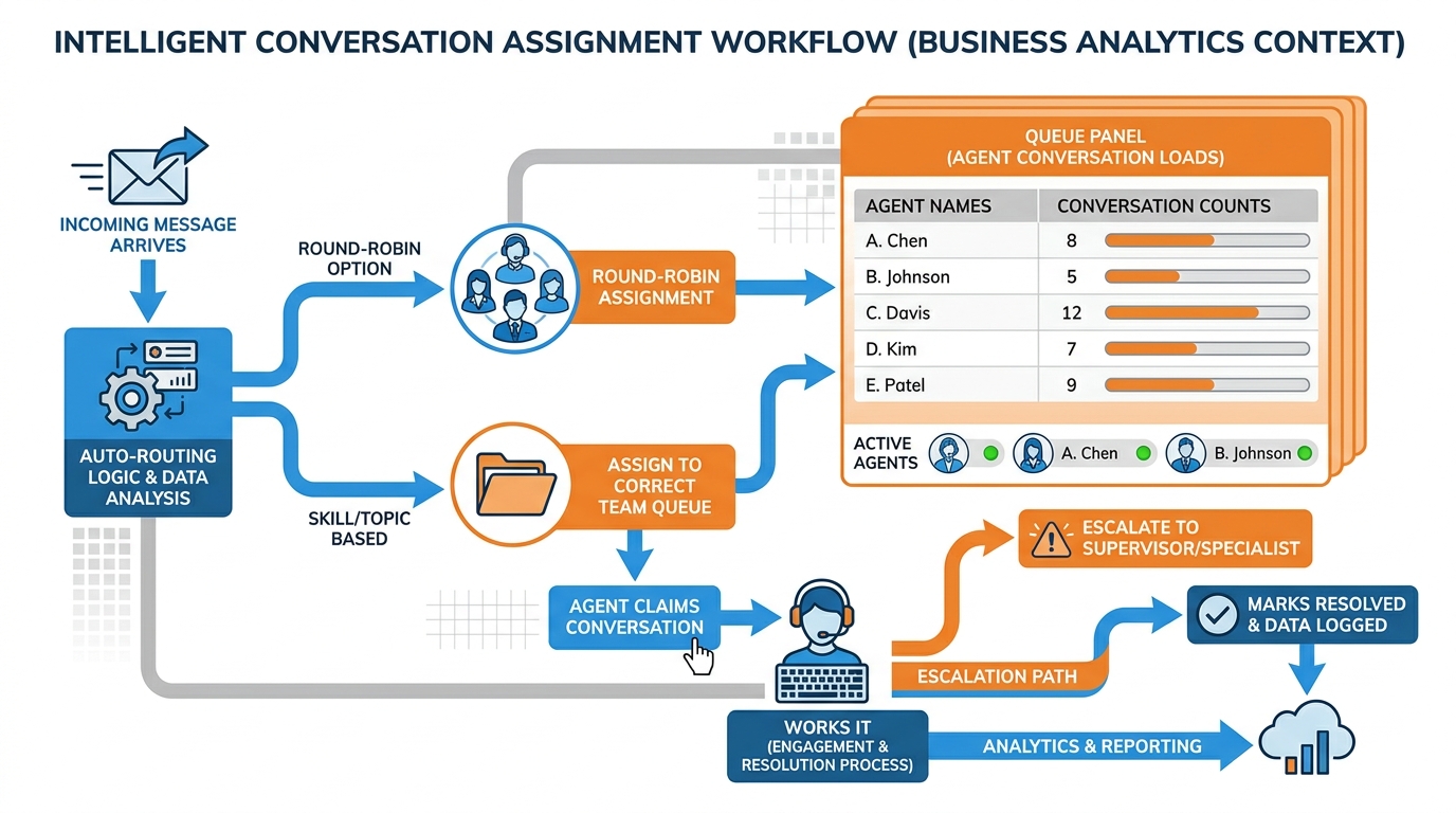Conversation assignment workflow showing auto-routing, queue management, agent claim, work, and resolution steps