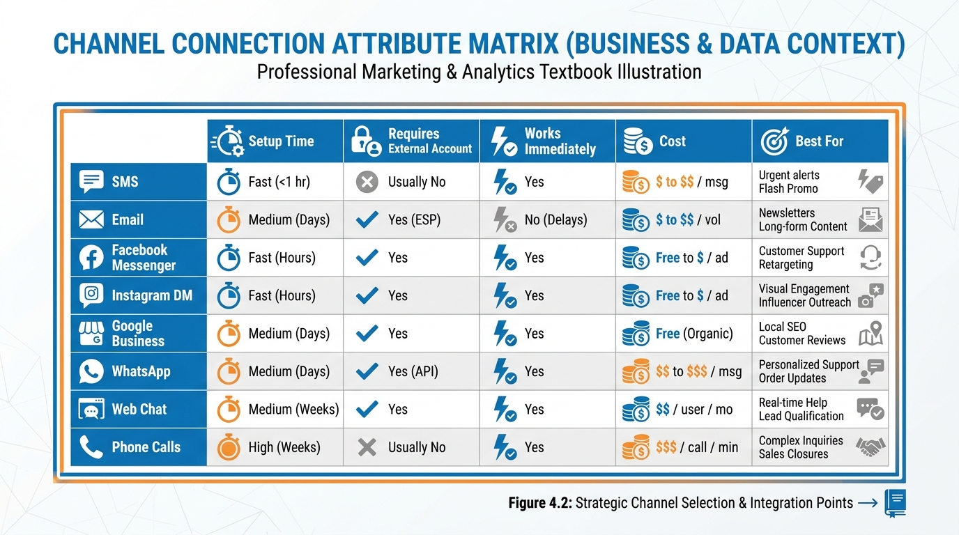 Channel connection matrix showing setup time, external account requirements, and best use cases for all 8 channels