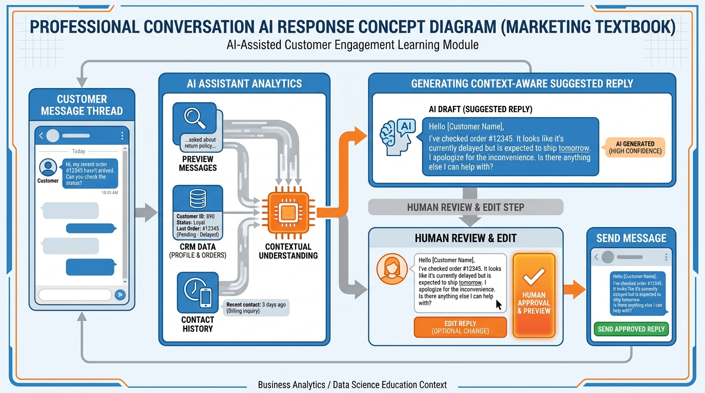 Conversation AI concept diagram showing AI reading previous messages and CRM data to draft a suggested reply awaiting human review and approval