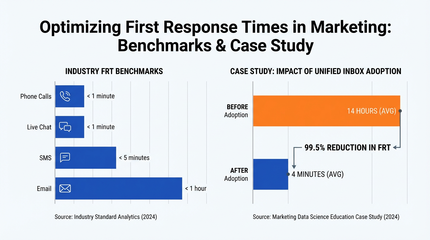 First response time benchmark chart comparing industry standards across channels and showing a before-after comparison for unified inbox adoption
