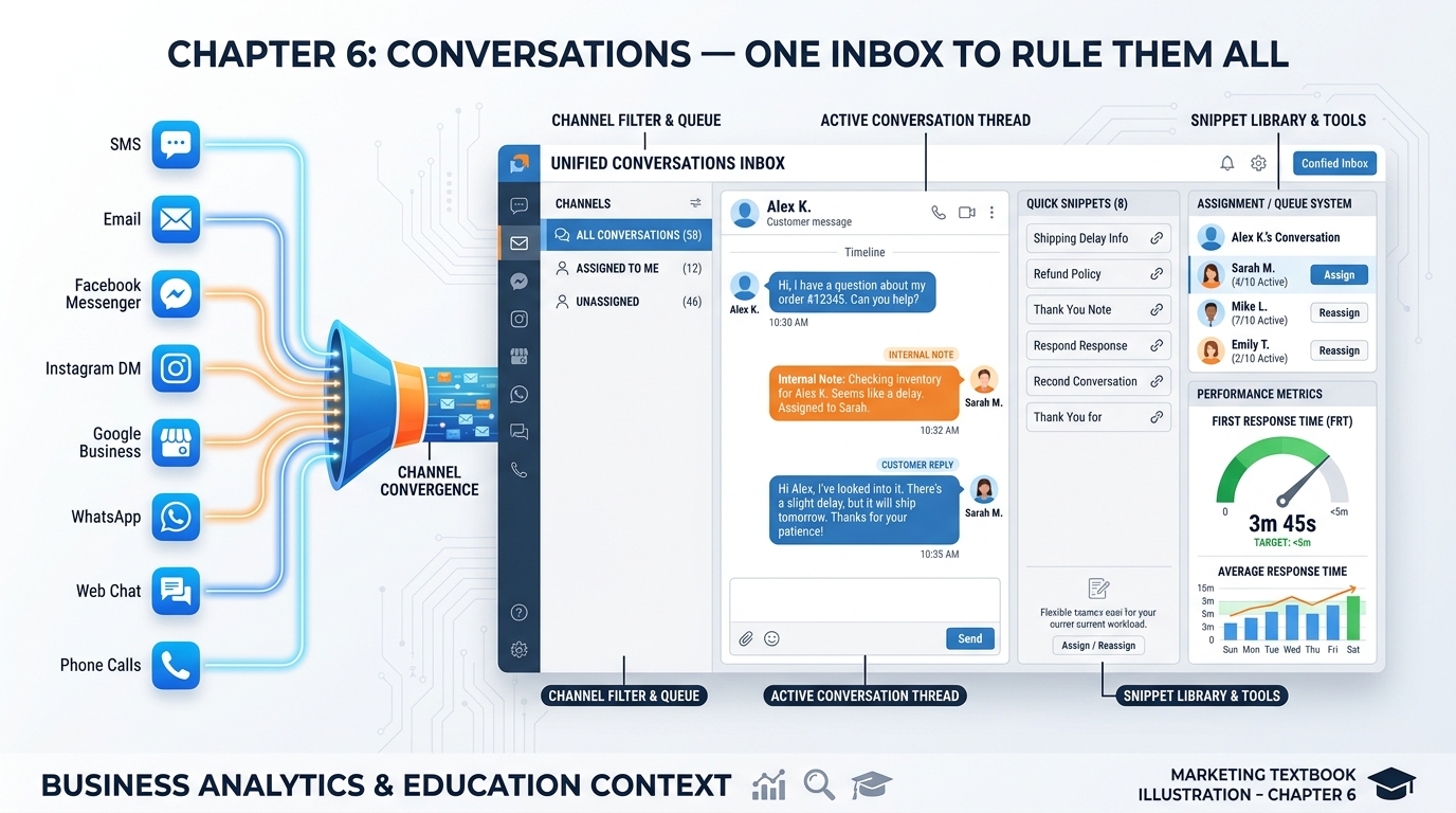 Chapter 6 comprehensive infographic showing a unified inbox receiving messages from 8 channels with snippet library, assignment system, and first response time metrics