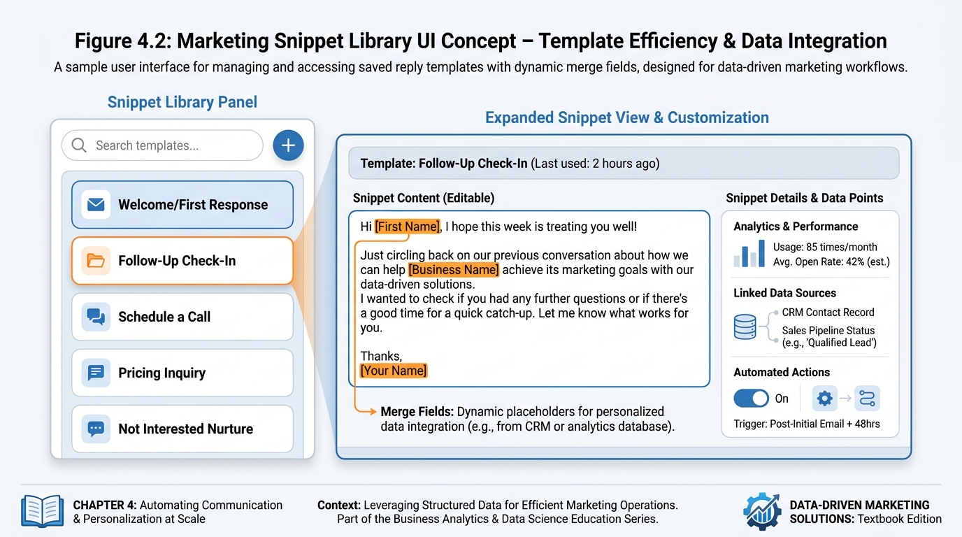 Snippet library UI concept showing 5 saved templates with merge fields highlighted and a search bar