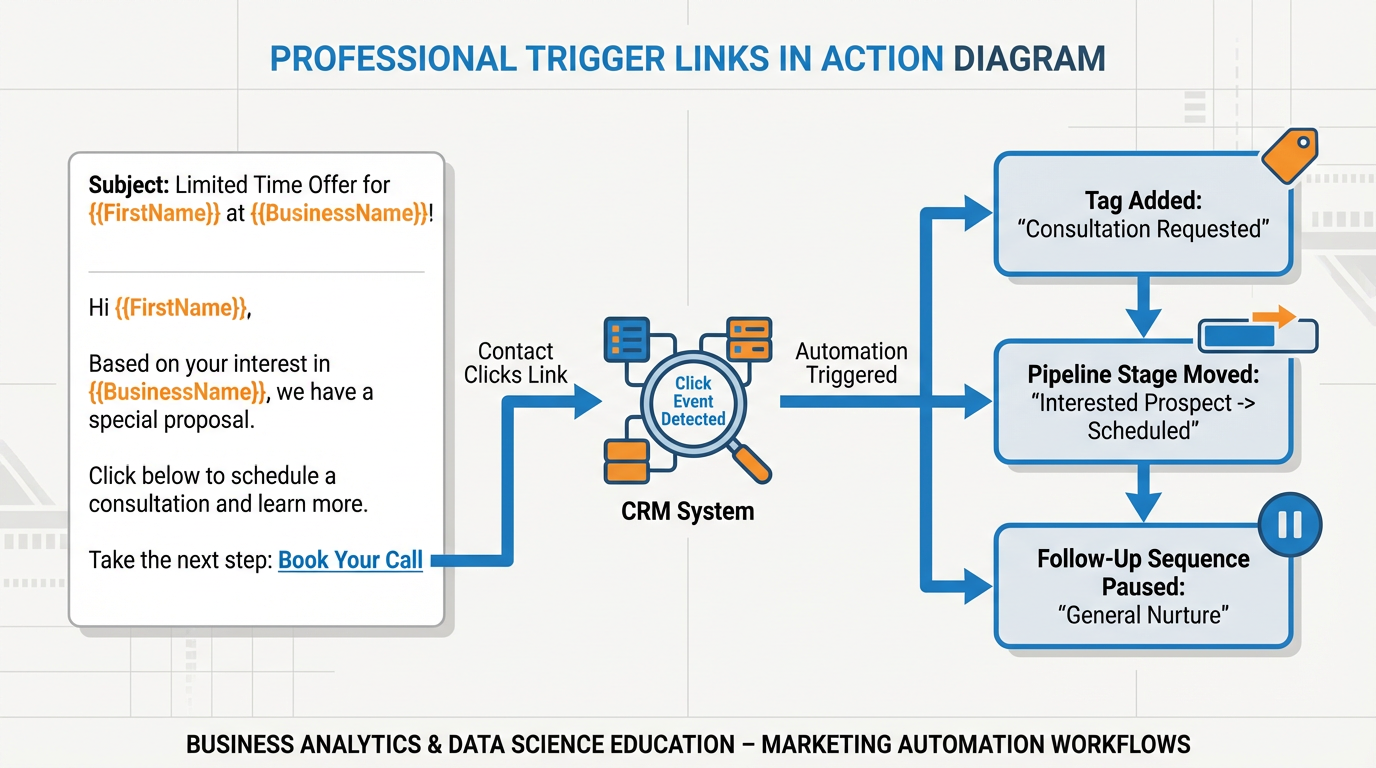 Trigger links in action diagram showing a personalized message with a booking link that fires CRM automation when clicked