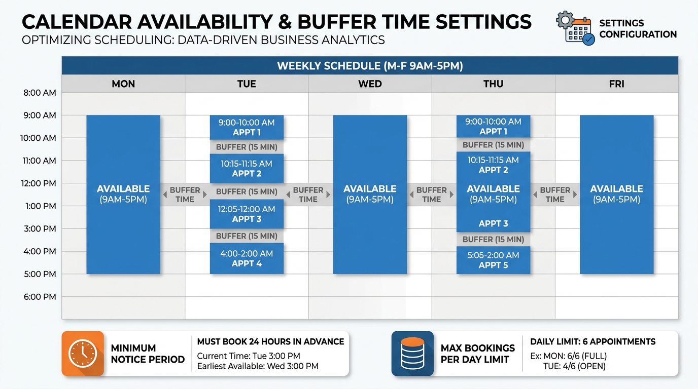 Calendar availability diagram showing weekly schedule grid with available hours, buffer time blocks between appointments, minimum notice period, and maximum bookings per day