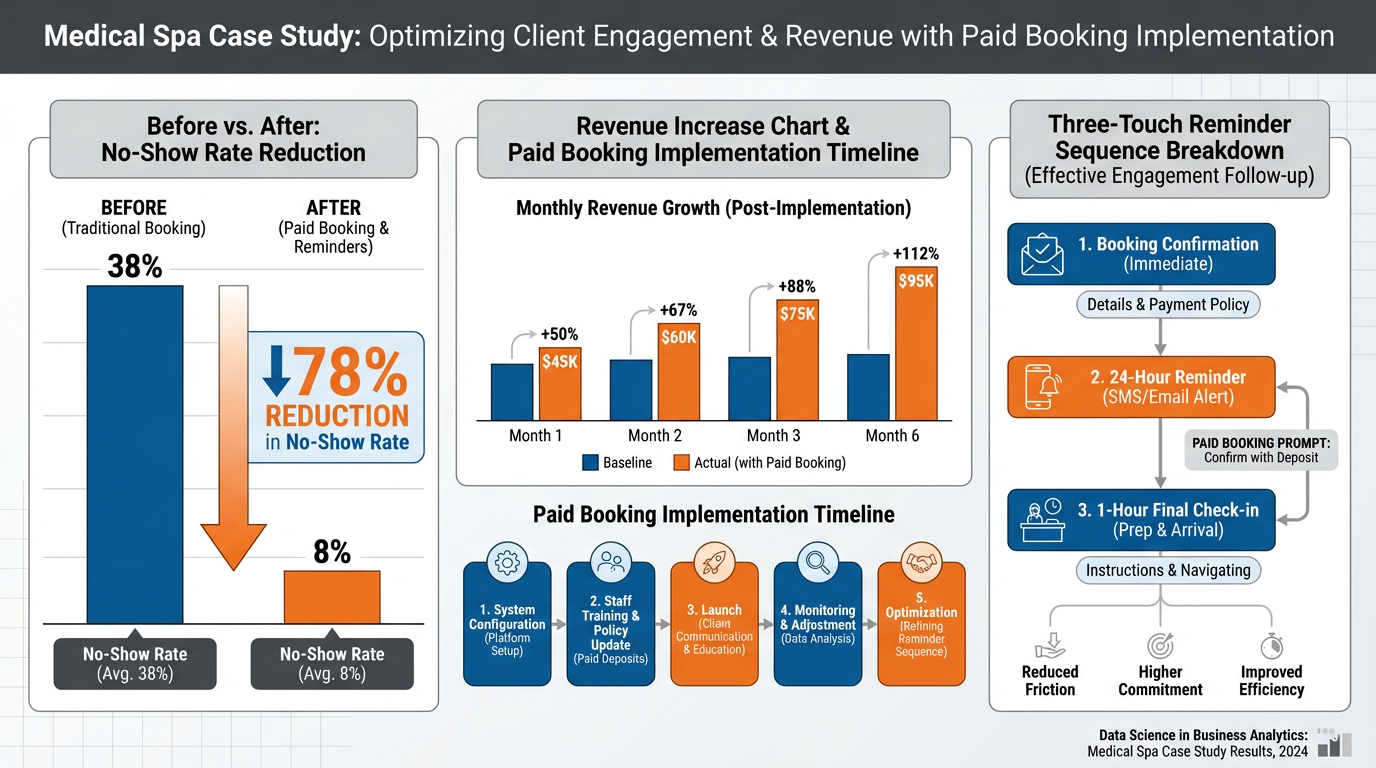 Medical spa case study results infographic showing no-show rate reduction from 38 percent to 8 percent with revenue impact and reminder sequence breakdown