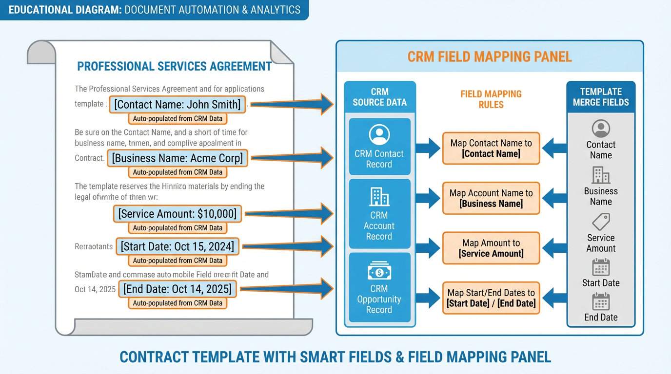 Document template with highlighted smart fields showing CRM merge fields like contact name, business name, and service amount auto-populated