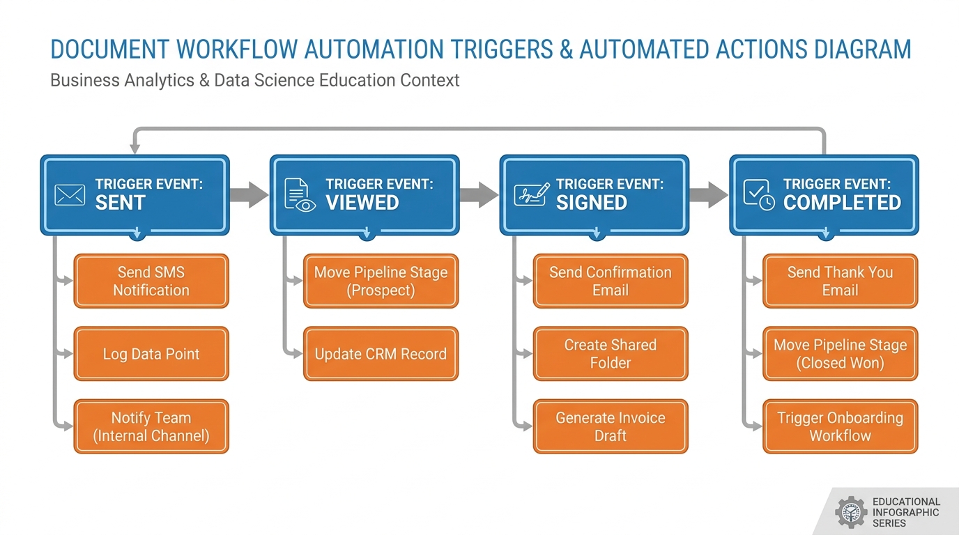 Document workflow automation triggers diagram with four trigger events Sent, Viewed, Signed, Completed each connected to automated actions