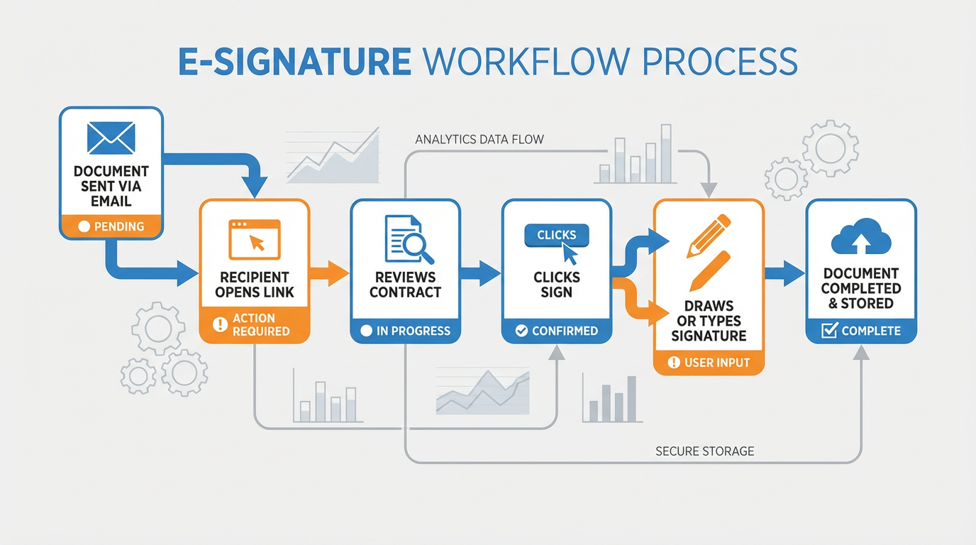 E-signature workflow diagram showing document sent via email, recipient opens link, reviews contract, clicks sign, draws or types signature, document completed and stored