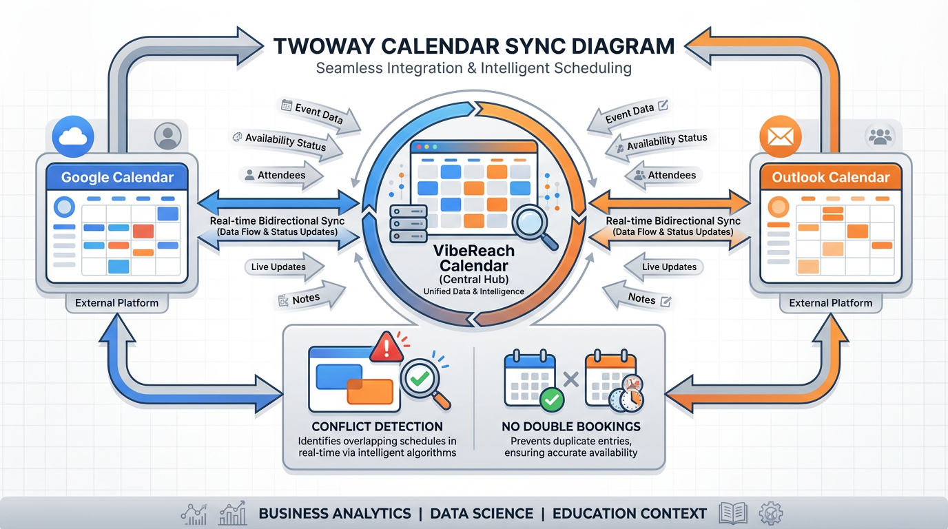 Two-way calendar sync diagram showing Google Calendar and Outlook on each side with bidirectional arrows to VibeReach calendar and conflict detection indicators