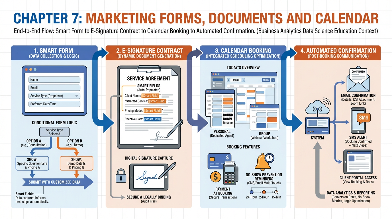 Chapter 7 comprehensive infographic showing the end-to-end closing flow from Smart Form to E-Signature to Calendar Booking to Automated Confirmation