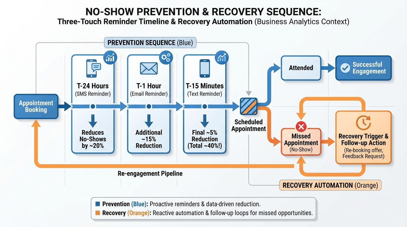 No-show prevention sequence diagram showing three-touch reminder timeline with 24-hour SMS, 1-hour email, and 15-minute text reminders, plus no-show recovery automation