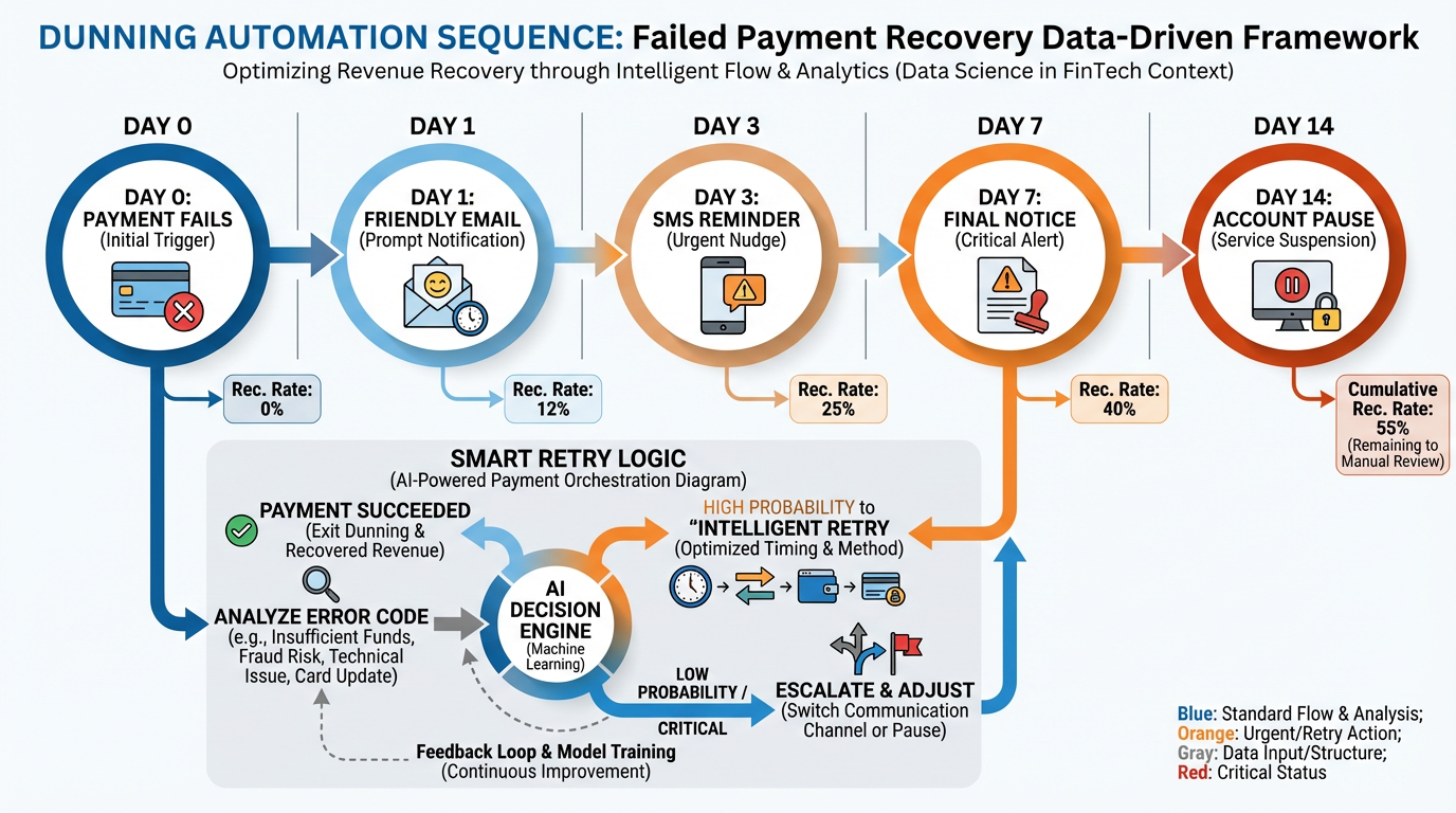 Dunning automation sequence timeline showing payment failure through recovery or account pause with recovery rates at each step